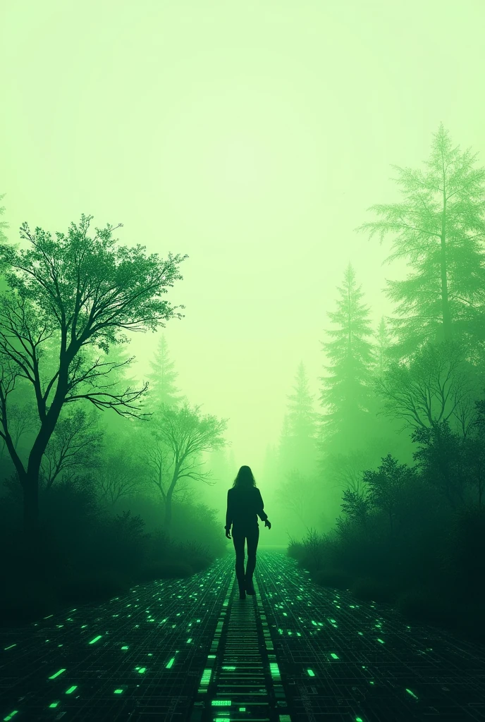 Silhouette of green nature scenery and clear sky with digital grid and computer circuit technology overlay