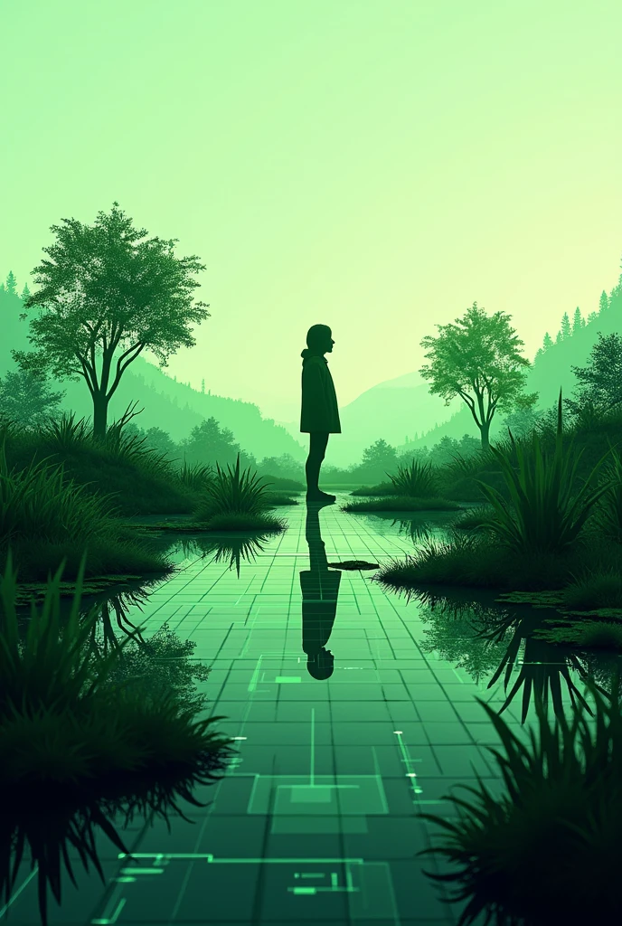 Silhouette of green nature scenery and clear sky with digital grid and computer circuit technology overlay