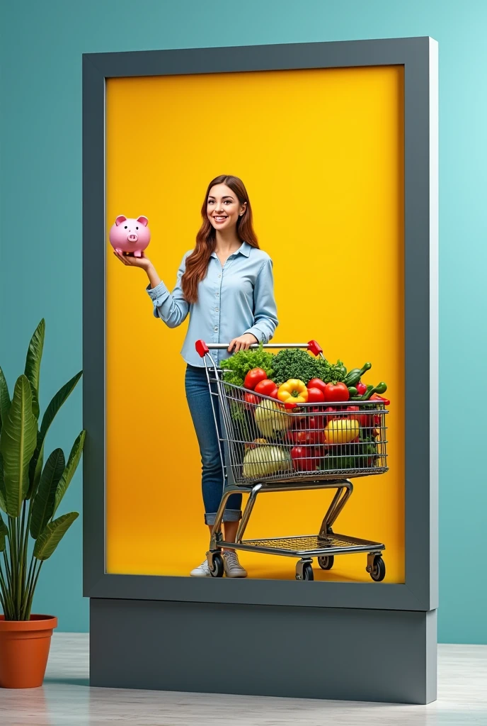 Billboards for a supermarket that focuses on selling affordable products, where a woman who has a piggy bank in her left hand and with her right hand takes the supermarket cart that is full of vegetables and fruits