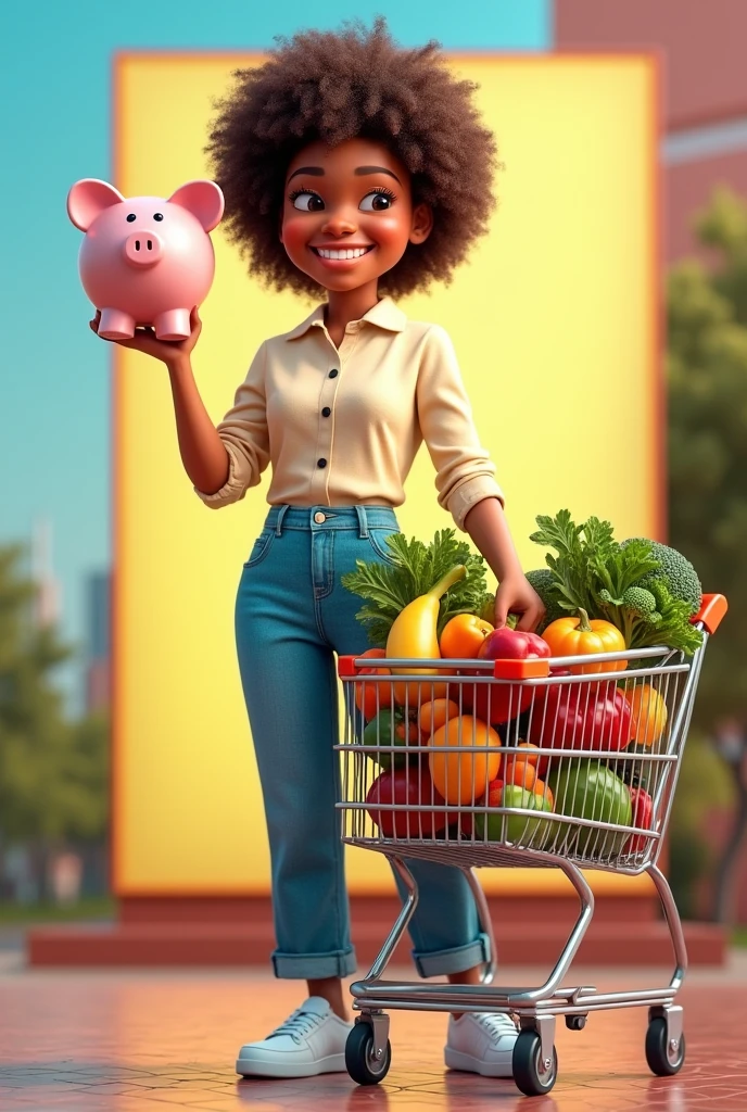 Billboards for a supermarket that focuses on selling affordable products, where a woman who has a piggy bank in her left hand and with her right hand takes the supermarket cart that is full of vegetables and fruits
