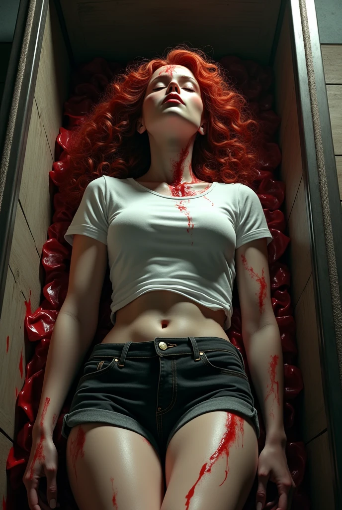 (photorealism:1.2), beautiful and hot white woman, curly red haired hair, beautiful body and legs, beautiful nose, thin face details, beautiful face, Closed eyes, dead on casket funeral, sexy pants white t-shirt and Black shorts, hiper realistic, hiper detailed, she is falled out with gunshot on head, blood in The body and blood dripping from head and mouth