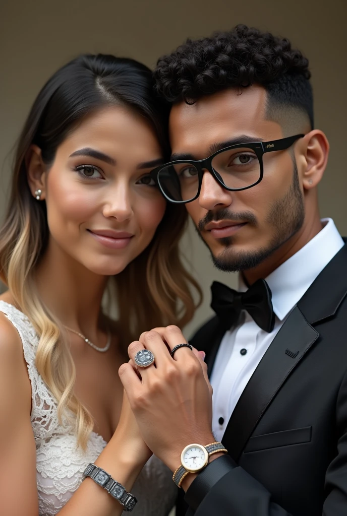 A Latin couple where the boy is taller than the girl, has very short curly hair, wear square glasses, He is dressed formally and has a grey and black bracelet. The girl is smaller, He has hair that is not so short, The hair roots are black and the tips are blonde., wear a dress for a civil wedding. And the girl has a white and grey bracelet that matches the boy's..