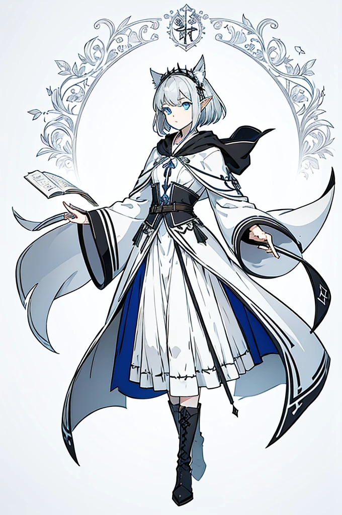 Gray and white shoulder-length short hair，Girl，Blue Eyes，Elf ears，No headdress，No cat ears，Wear a magician's robe，cloak，hood，Long skirt，Boots，Knee socks，full-body shot，front Photo，No background
