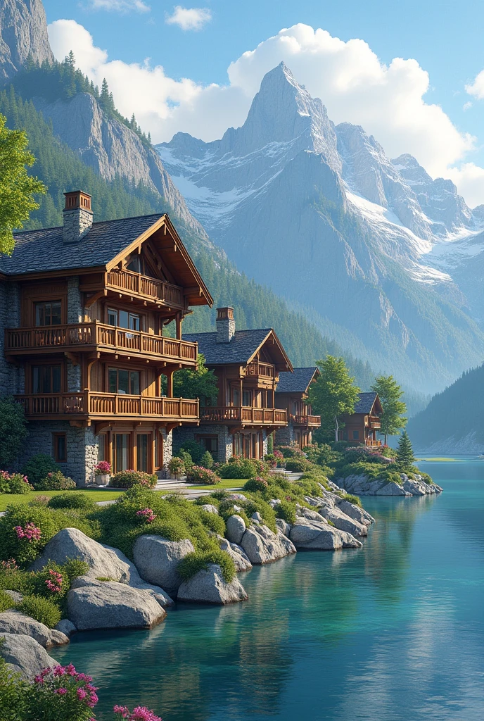 Beautiful houses in the mountains on the shores of a lagoon 2