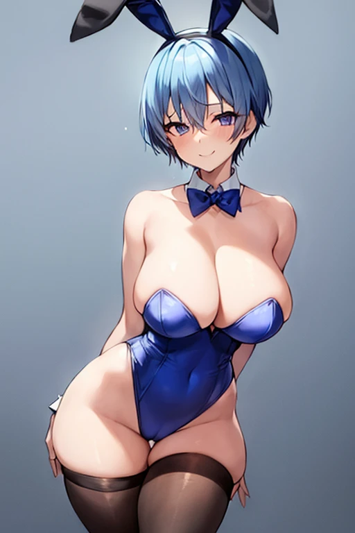 1girl, blue hair, very short hair, light blue hair, purple eyes, bunnysuit, black leotard, pantyhose, large breasts, thick thighs, smile, hourglass figure, rabbit ears, bunny ears, mature female, tall, tall fale, eyepatch, ((eyepatch))