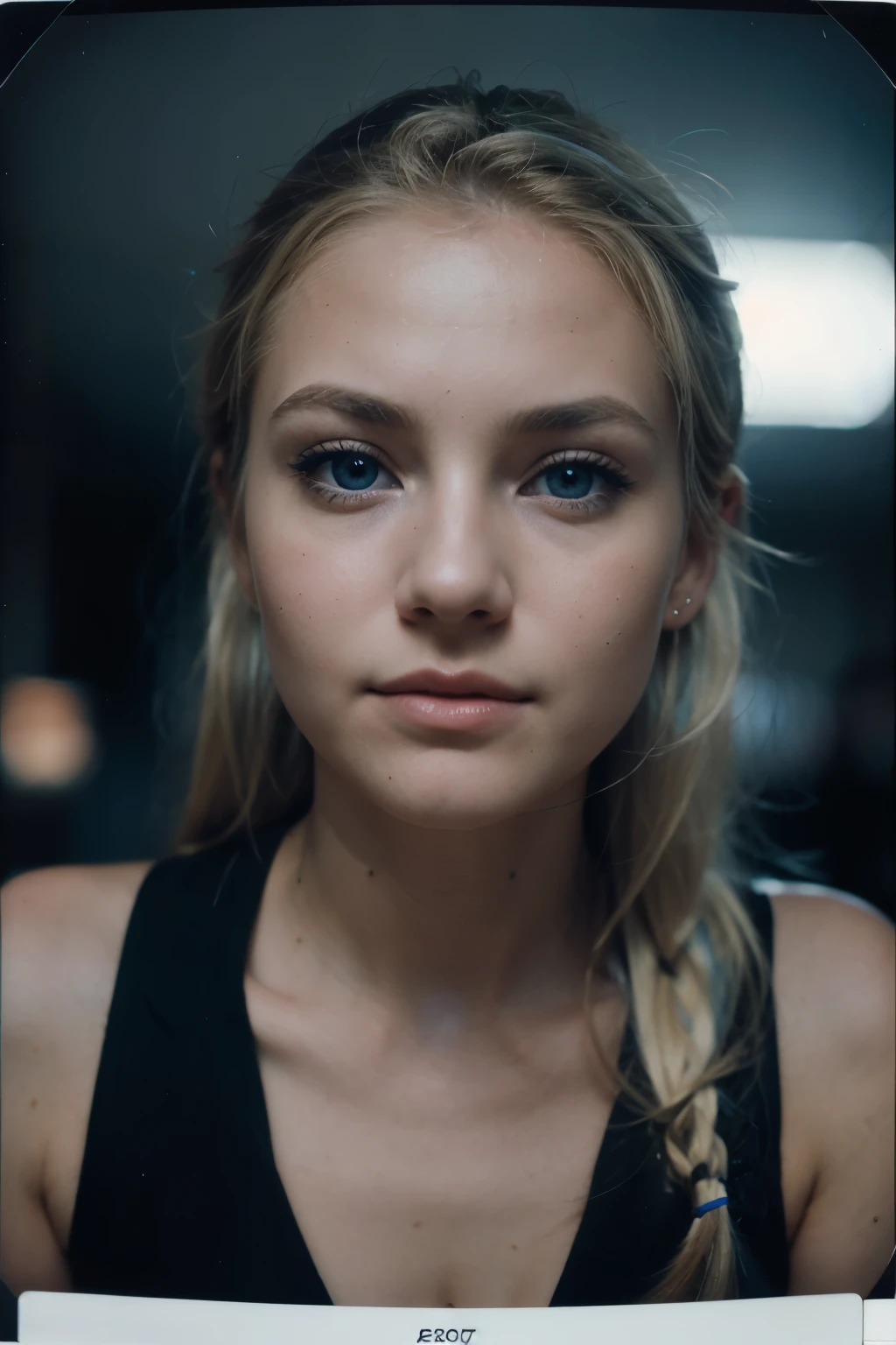 Expired Polaroid of a girl with light blonde hair , round face and blue eyes,close up of the face ,front view, Kamerablitz, futuristic, romantic, Jewel tones, Motion blur, natta, blurry and out of focus, Black and white photo, ISO 100