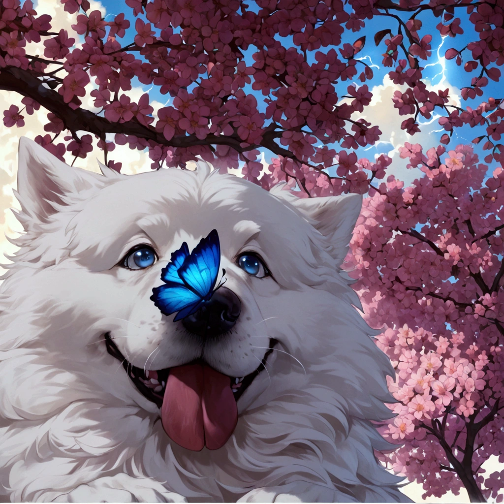 Cute anime dog with blue butterfly sitting on its nose , bigger eyes , looking at the camera, furry , good lightning , detailed hair