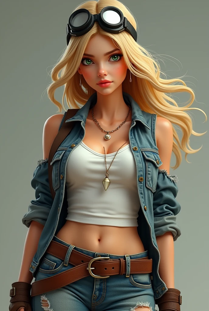 a white woman with long blonde hair and emerald green eyes. She wears a white tank top, over it an open sleeveless denim jacket, she wears denim shorts, brown boots, brown gloves and a pair of excavator goggles as a headband.