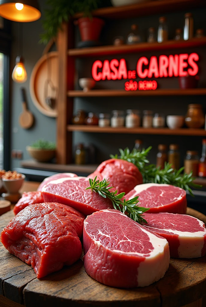 Slogan for butcher shop with the name CASA DE CARNES SÃO REMO with pictures of beef, pork and lamb