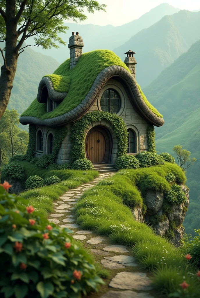 	• Description: A charming old house on top of a lush green hill. The house has rounded windows and a moss-covered roof.. The surrounding landscape consists of green hills and an ancient forest.. The house looks a little magical and mysterious.