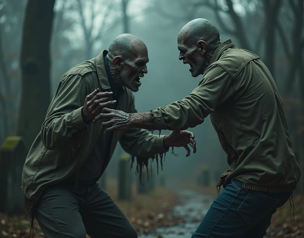 Please, create an image of a cemetery in a dark realistic style. In the center of the image, There is a man standing with a terrified expression. He is trying to get away or defend himself. The man is wearing casual clothes, like a shirt and pants, that look a little wrinkled or messy.

To the left of the man, a zombie is approaching. The zombie has a scary appearance, with wrinkled and decomposed skin, Exposed in parts and with visible bones. His clothes are torn and dirty.. The zombie is reaching out his hands towards the man, and the zombie&#39;s hands are firmly gripping the man&#39;s arm or waist. The zombie&#39;s fingers are curled and have a sinister appearance., with long dirty nails. wider image. but perfect, 
