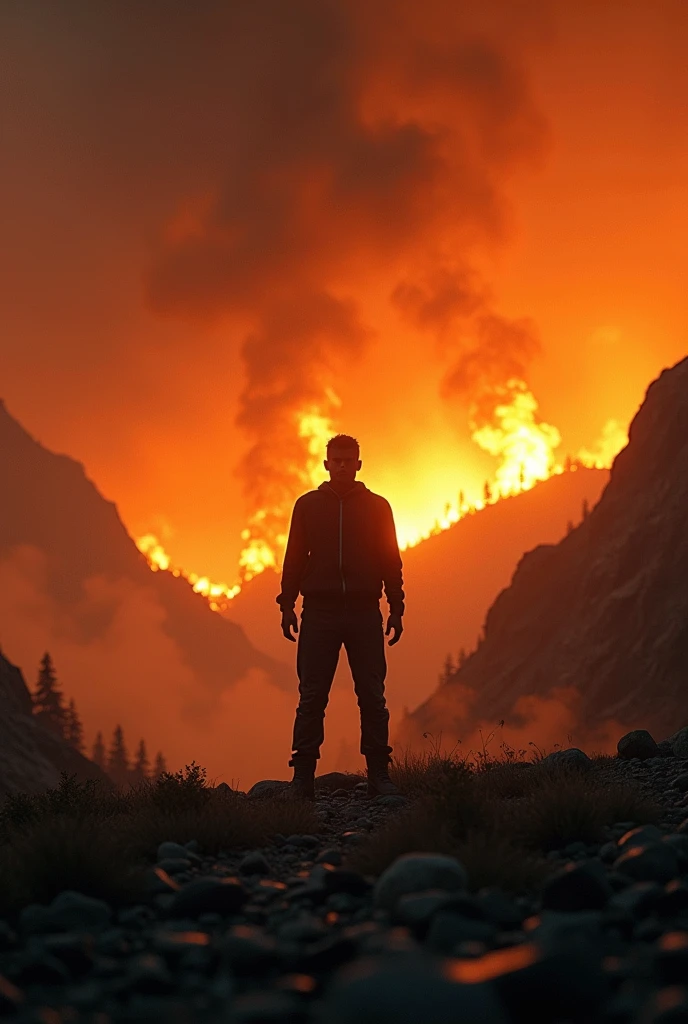 make it a cinematic view with a fire in the background