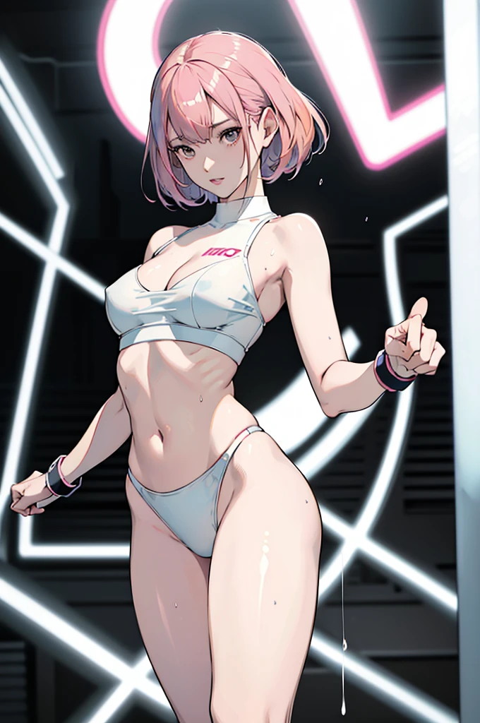 An ultra-detailed full-body illustration, style of 1980s Japanese comics, 8k resolutions, 1girl, solo, Sharp Focus, slender leg, Characterize by alluring, The character has striking pink hair, Perfect Figure with pale skin and a slender physique. she soaking wet, She is training intensely in a boxing ring, wearing white mesh crop-top with no bra, white sheer t-back bikini with no pant, black open-finger boxing gloves, and sneakers, bra comes off, nipples, highlight breast, wet clothes, wet body. The scene is vibrant with retro colors and dynamic lines, capturing the intensity of her workout while blending a sporty, fashionable, and retro aesthetic.