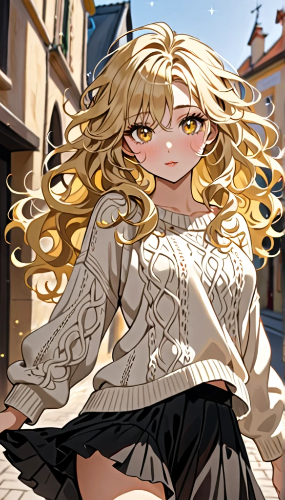 Beautiful and blond messy styled hair, best quality, delicate and dynamic depiction, beautiful woman, amorous expression, blonde messy wavy hair, light blonde hair, yellow eyes, make-up, wearing loose fitting black summer knit sweater and matching skirt, sparkly fluffy, flaunting her hair