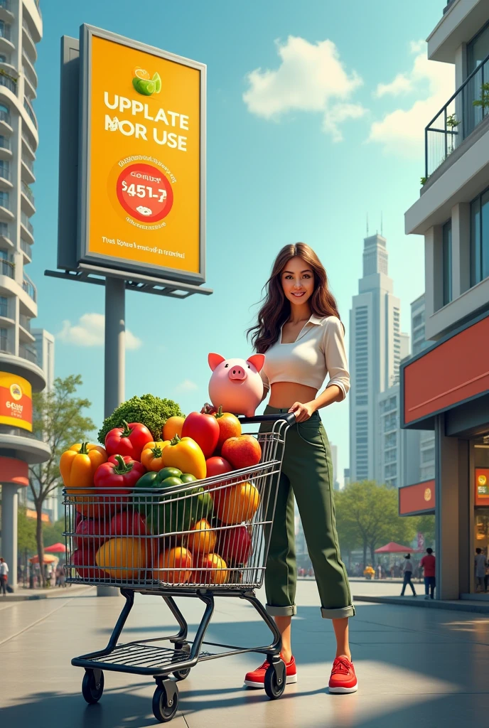 Billboards for a supermarket that focuses on selling affordable products, where a woman who has a piggy bank in her left hand and with her right hand takes the supermarket cart that is full of vegetables and fruits. in a creative way