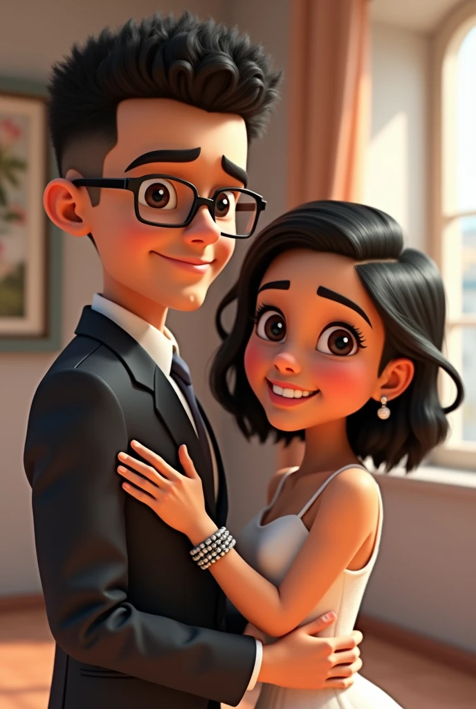 An animated Latin couple where the boy is taller than the girl, has very short curly hair, wear square glasses, He is dressed formally and has a grey and black bracelet. The girl is smaller, He has hair that is not so short, The hair roots are black and the tips are blonde., wear a dress for a civil wedding. And the girl has a white and grey bracelet that matches the boy's..