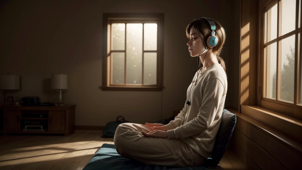 A person wearing headphones, meditating in a room. Feeling of relaxation. cinematic lighting