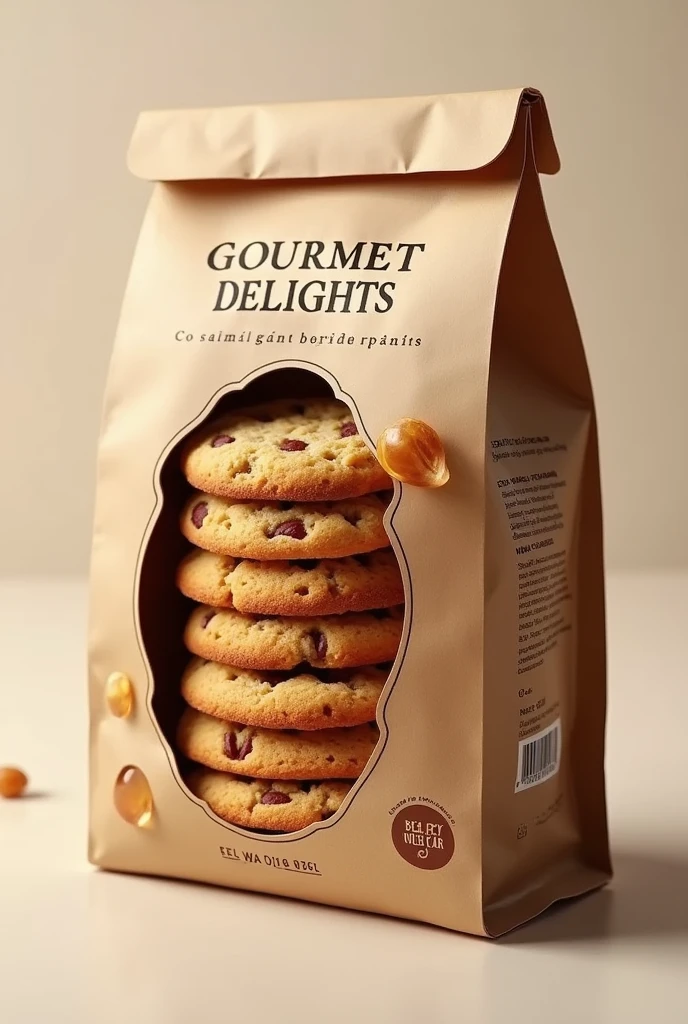 (photorealism:1.2), create a SMALL package of high quality COOKIES to launch on the market "WHOLEGRAIN COOKIES WITH NUTS" the company is called "Gourmet Delights"