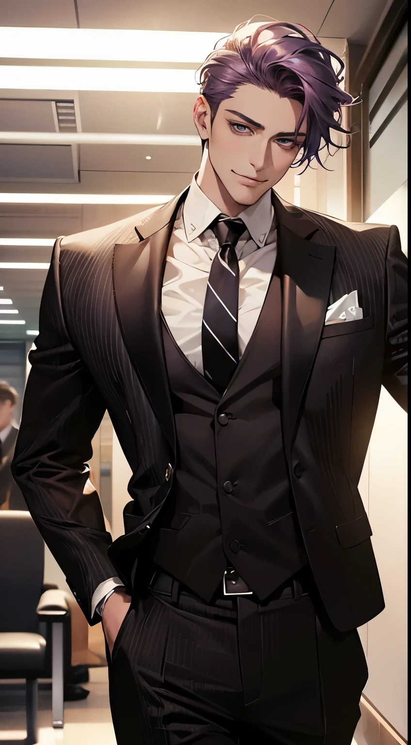 (best quality,4k,8k,highres,masterpiece:1.2),ultra-detailed,(realistic,photorealistic,photo-realistic:1.37),1 man,31 years old,mature man,very handsome,without expression,smile,short purple hair,blue eyes,penetrating gaze, CEO in his office, huge with classic and modern architecture looking at his prey with a mischievous smile. wearing a modern grayish brown suit, with a black tie and yellow stripes. perfect face without errors,imposing posture,businessman,office background,cinematic lighting,hdr image