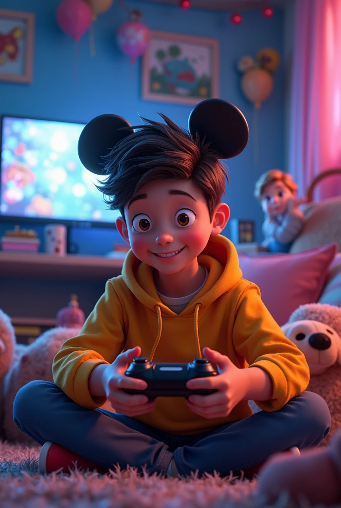 A teenager plays a video game in Disney style
