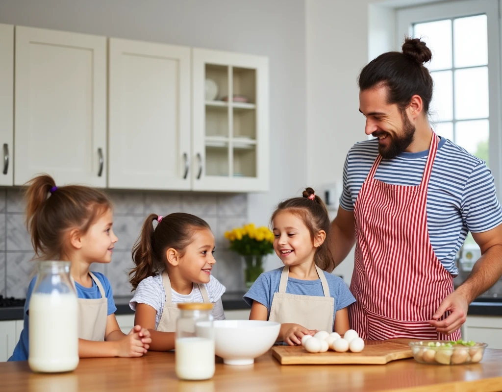 The image shows a family of four in a kitchen. The family consists of a man, a woman, and two young children. The man is wearing a red and white striped apron and is standing in front of a wooden countertop. He is holding a white bowl and appears to be preparing a meal. The woman is standing next to him, wearing a blue striped shirt and has her hair tied up in a bun. The two children are sitting at the countertop, looking at the man and the woman. They are all wearing aprons and appear to be focused on the task at hand.

In front of them, there is a glass jar of milk and a bowl of eggs. The kitchen has white cabinets and a tiled backsplash. There is a sink and a window in the background, and a vase with yellow flowers on the counter. The overall mood of the image is one of family and togetherness.0