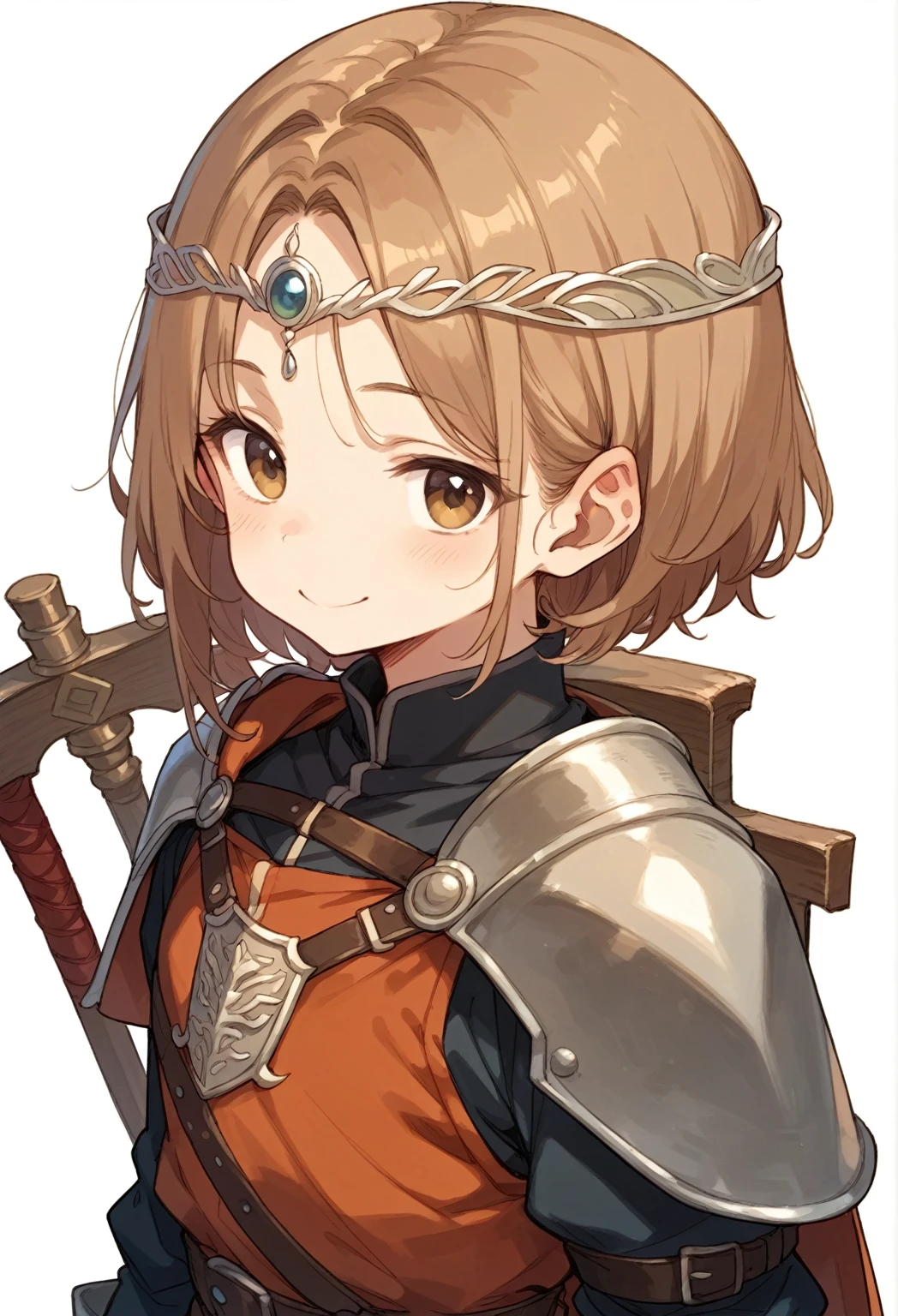 Leather armor、A small circular shield in the left hand、pale brown hair、Brown Eyes、Monastic uniform、White background、Character portrait、whole body,Deformation、Circlet、Wide-mouthed smile、Narrowed eyes