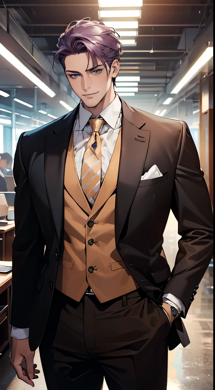 (best quality,4k,8k,highres,masterpiece:1.2),ultra-detailed,(realistic,photorealistic,photo-realistic:1.37),1 man,31 years old,mature man,very handsome,without expression,smile,short purple hair,blue eyes,penetrating gaze, CEO in his office, huge with classic and modern architecture looking at his prey with a mischievous smile. wearing a modern grayish brown suit, with a black tie and yellow stripes. perfect face without errors,imposing posture,businessman,office background,cinematic lighting,hdr image