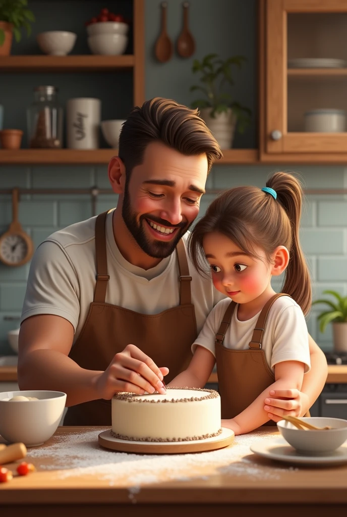 Dad cooking cake with daughter