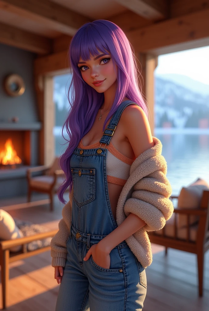 her name is Angela, high qualiy, 1 girl, ((brown woman, de 25 anos, in good shape)), ((20 years old)), ((Scrawny)), ((long length purple hair with bangs)), smiling, pose: sexly, wearing warm overalls, fund: "A luxurious alpine mansion with rustic wooden interiors, a cozy fireplace, and large windows overlooking the sea." PICTURE REALISTIC, alexa grace, yelena belova, Dasha Taran, vestido sexly, tight dress, Sidney Sweeney, Pink body, irina nordsol kuzmina, Pink, skintight dress, Yulia Gorokhova. lora: ariana fitness