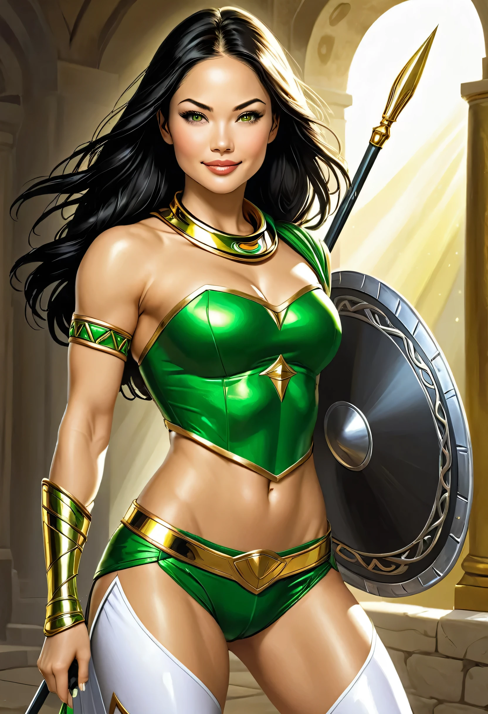 Kristin Kreuk, sexy Greek superheroine who is a demigoddess , green eyes and long black hair. She wears a black and gold outfit , She has bracelets that are silver, and has long white boots with a golden outline . she holds a long spear , She also wears a gold scarf around her waist... portrait photography by , no estilo do realismo, shining skin, , natural lighting, Defined full lips. Muscular fitness female body (Therapy) (cookie smile) (shield on her back)