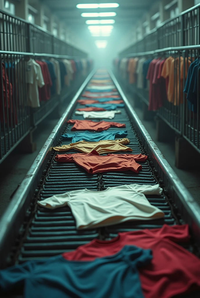 factory conveyor belt with several cages with t-shirts trapped inside them  