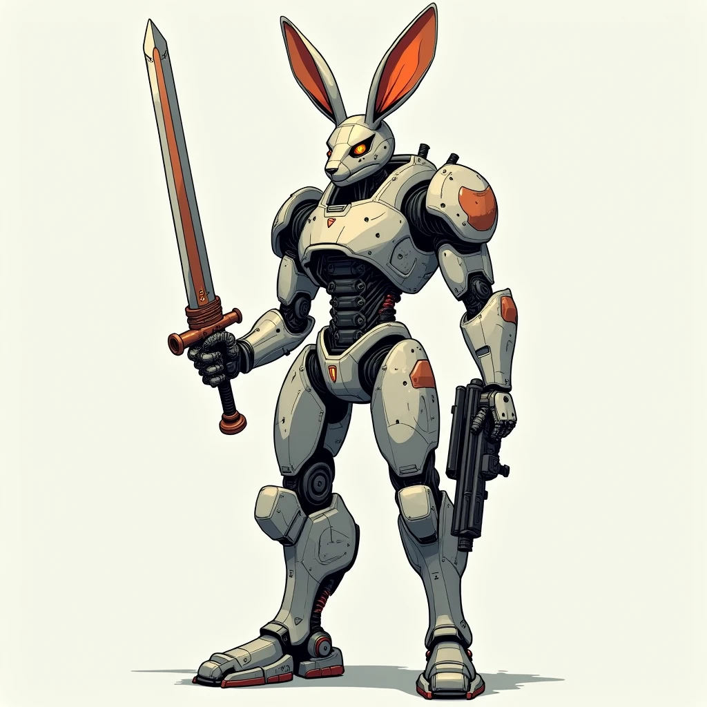 (cyborg hare), Full body image, (complex elements), (in the left hand is a sword), (in the right hand a firearm)