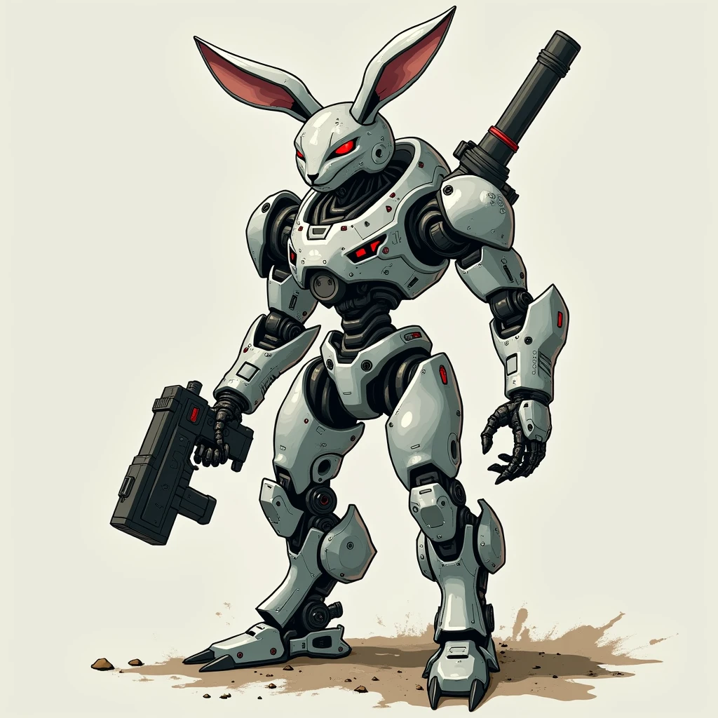 (cyborg hare), Full body image, (complex elements), (in the left hand is a sword), (in the right hand a firearm)