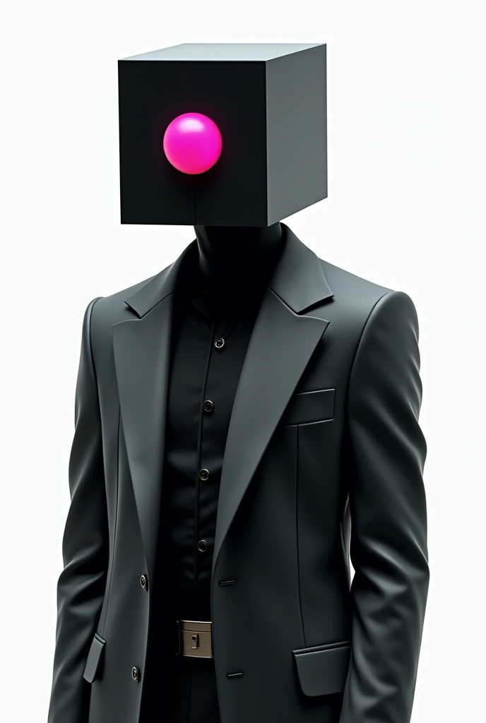 man, Black jacket with grey, Black cube all over the head, Cyclops, pink human eye in the middle, White Background Abyss.