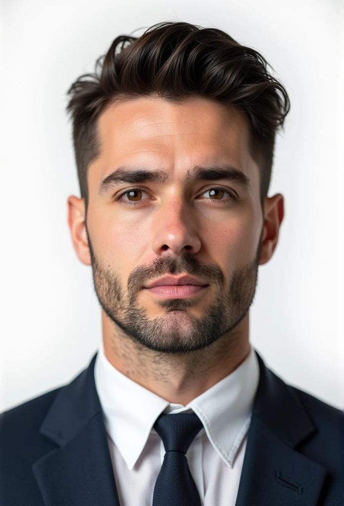 Create a realistic passport-style photo of a man in his 30s, with dark brown hair, a normal build, and light stubble. The man should be wearing a formal suit with a tie, and the background should be plain white, adhering to passport photo requirements. His hair should be in a neat military cut, with the top trimmed to a number five clipper length and the sides to a number three—short enough that the hair cannot be combed. He should have a neutral expression, without smiling. The image should resemble a real photograph taken in a professional studio.