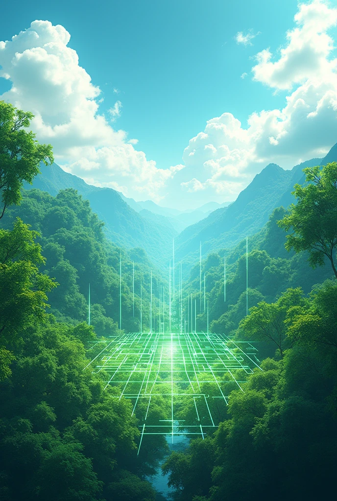 Silhouette of green natural scenery and bright blue sky with circuit or digital grid technology overlay and computer