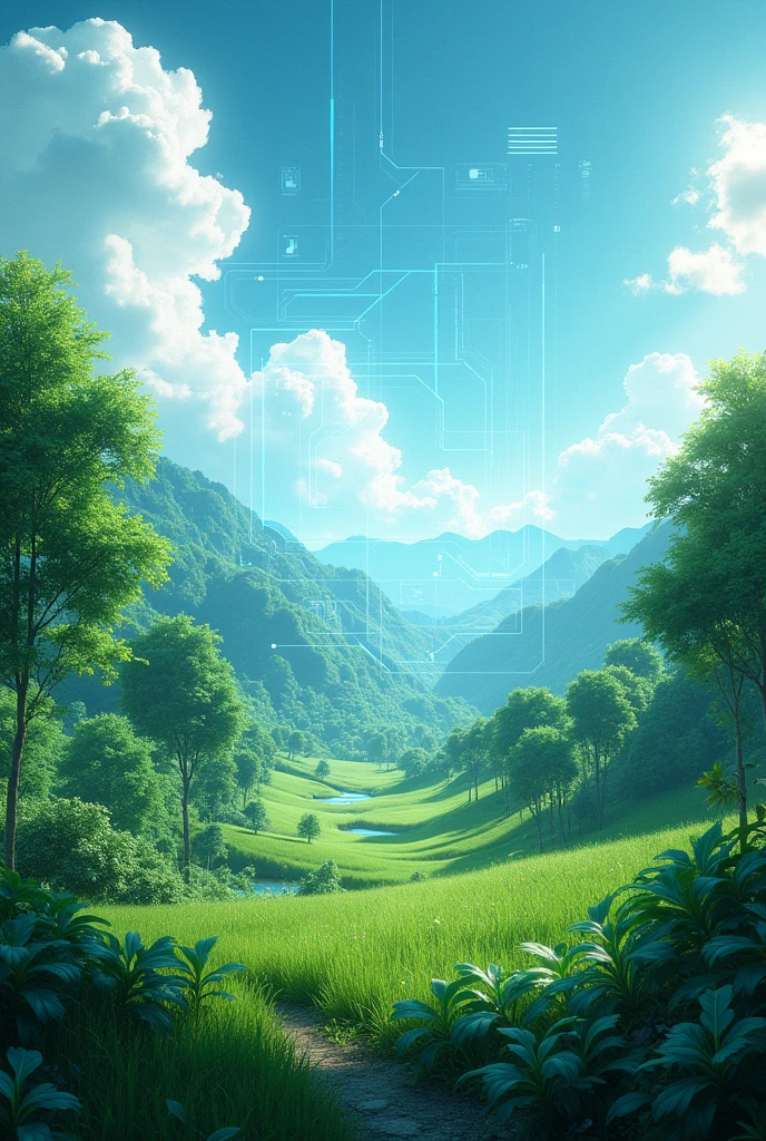 Silhouette of green natural scenery and bright blue sky with circuit or digital grid technology overlay and computer