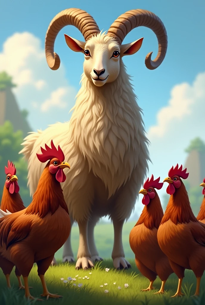 Create an image of a king goat with several subject hens looking at the goat in awe