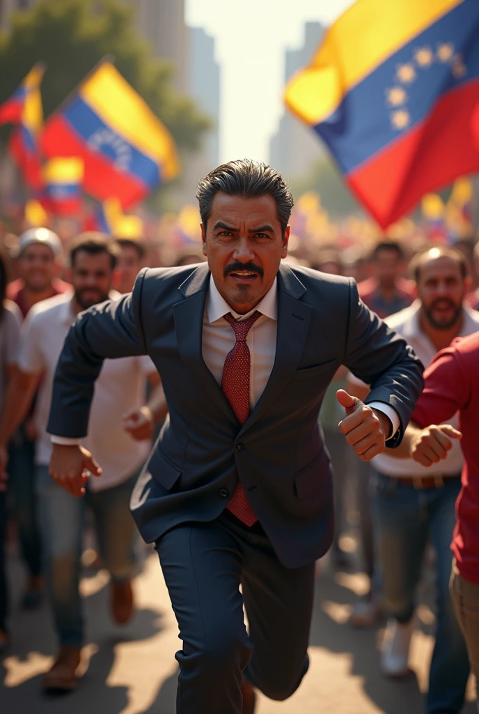 Nicolás maduro running scared through a crowd of Venezuelans with Venezuelan flags