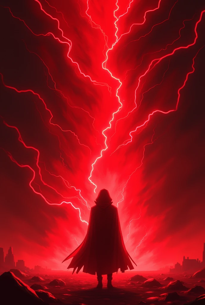 ((Best Quality)), ((masterpiece)), (detailed), an aura of electric king in anime style, all red color, with the black silhouette of a simple person in the center. With a black background, and with magic rays.