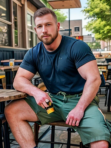 1man, scottish, lean fit, construction worker, short hair, short beard, dirty t-shirt, dirty cargo shorts, work boots, drinking a beer, restaurant, outside table, relaxing