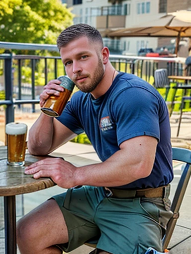 1man, scottish, lean fit, construction worker, short hair, short beard, dirty t-shirt, dirty cargo shorts, work boots, drinking a beer, restaurant, outside table, relaxing