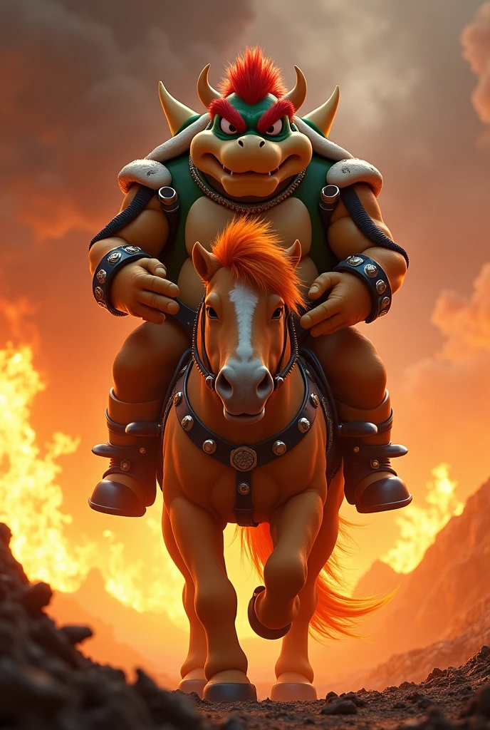 realistic bowser riding a horse in a cinematic view with fire
