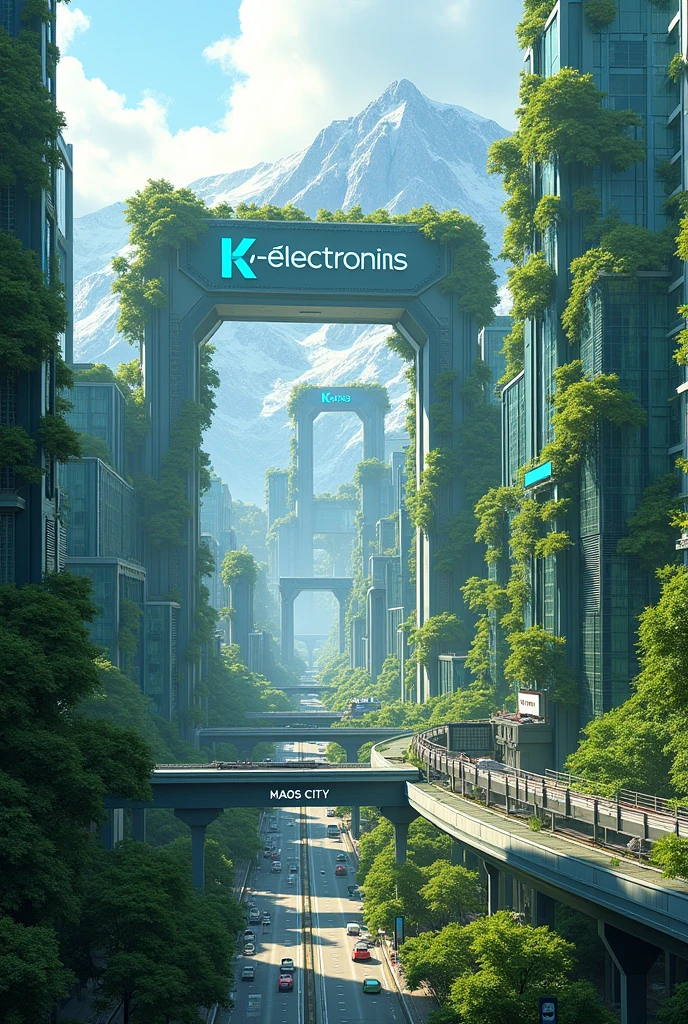 A green city with apartments and roadside train and mountains with an entrance gate marked Kaos city  and  an company named k-electronics