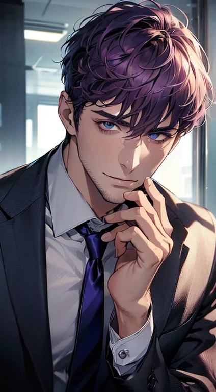 (best quality,4k,8k,highres,masterpiece:1.2),ultra-detailed,(realistic,photorealistic,photo-realistic:1.37),1 man,31 years old,mature man,very handsome,without expression,smile,short purple hair,blue eyes,penetrating gaze,perfect face without errors,imposing posture,businessman,office background,cinematic lighting,hdr image