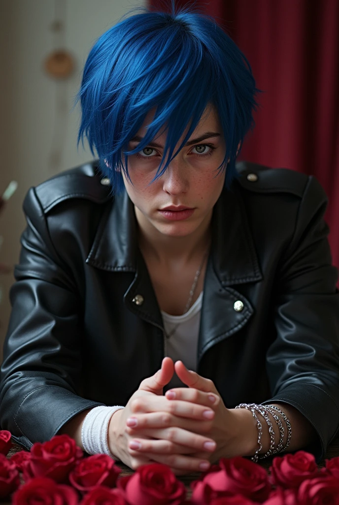 Let's talk about the boy who sold his soul to the devil,
Staring at something, Hold a grudge against someone,
Until the day it disappears,
Black leather jacket,
Sharp eyes,
Blue Hair,
Intertwining my fingers, I stare,
A desk decorated with lots of roses,
Blemishes under the eyes,
Wear a silver bracelet,
Arm bandage,