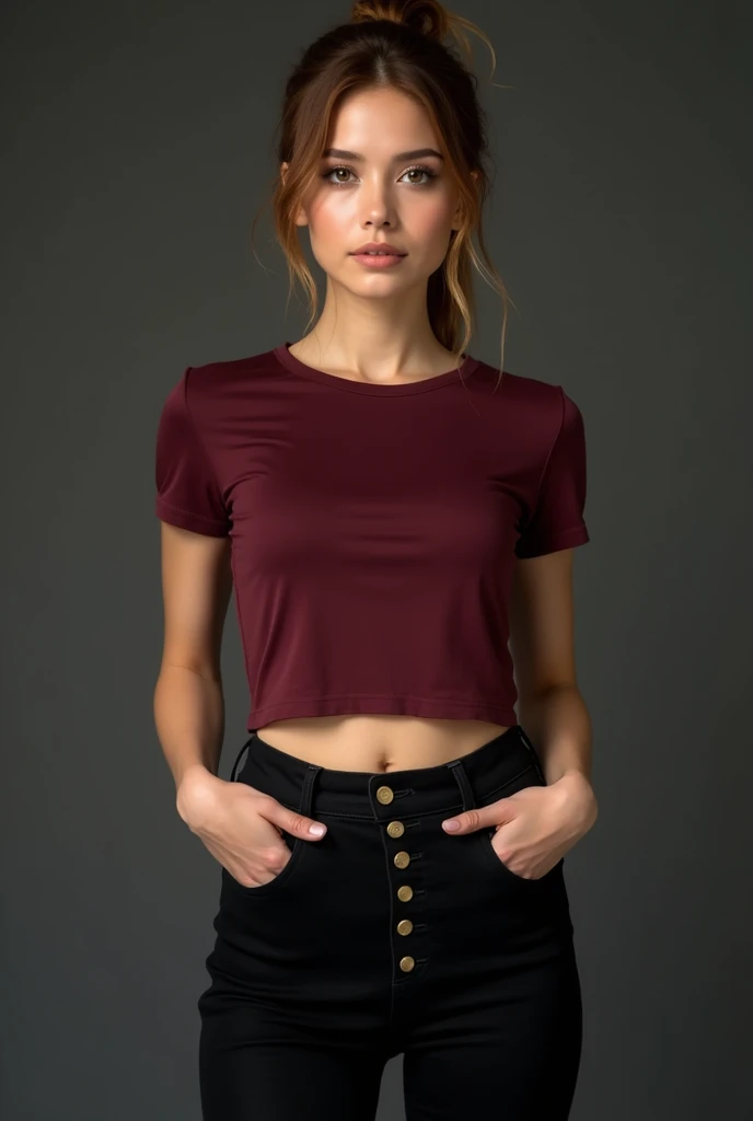 An image of a young woman with a medium complexion and chestnut-colored hair styled in a casual updo with loose strands around her face. She has a natural makeup look with defined eyes and a neutral lip color. She is wearing a fitted, cropped burgundy T-shirt with short sleeves and high-waisted black pants with distinctive button details. She stands confidently, with one hand on her hip and the other gently touching her pants. The lighting is soft and frontal, highlighting her features and the texture of her clothing against a muted dark background.