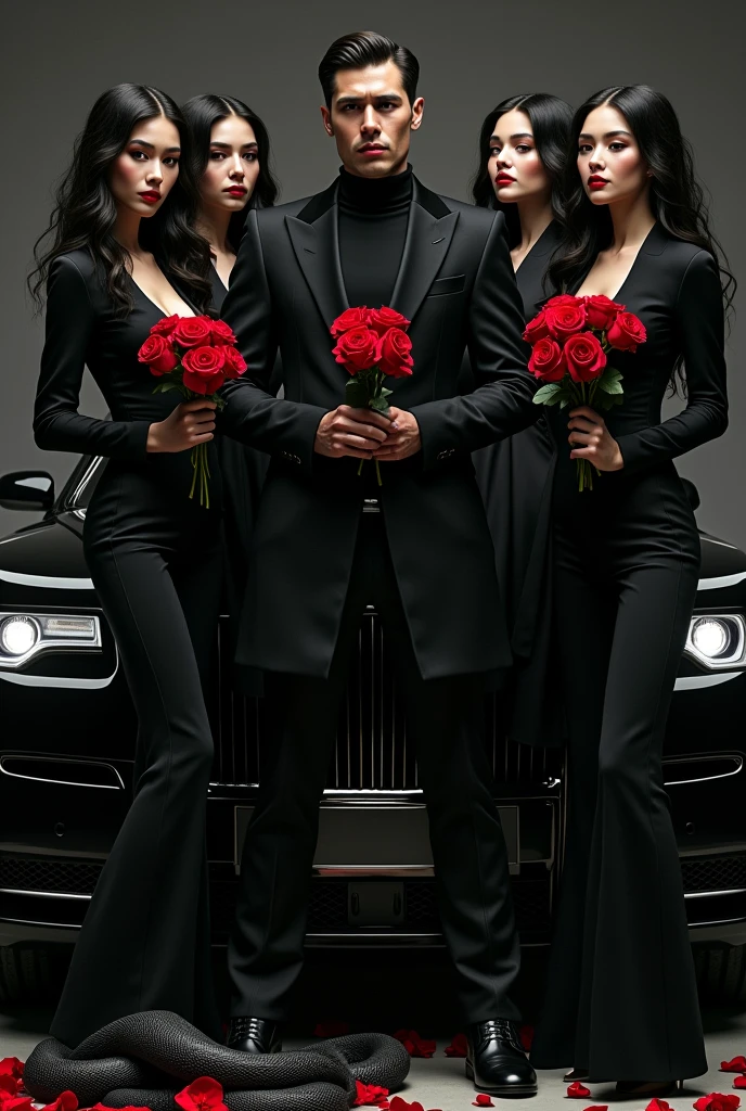 Real Four women , real one men with black coat ,rolles roys black car on background, black cobra snake, women dressed in black , red roses in women hand