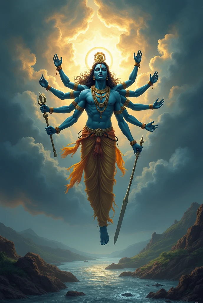 Depict beautiful Lord krishna standing in his towering, majestic Virat Roop. His divine form radiates power and grace, with multiple arms holding symbolic weapons like sudarshan chakra, shankh, trishul etc. The sky above is filled with dark, swirling clouds, creating a dramatic backdrop. Below, a wide river flows gently, reflecting the divine light emanating from Vishnu. The entire scene should evoke a sense of awe and reverence, with the dark clouds contrasting against the vibrant presence of the deity.