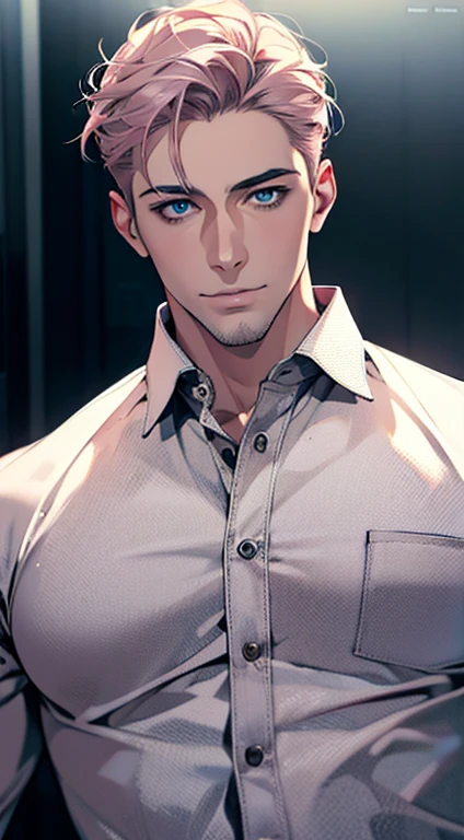 (best quality,4k,8k,highres,masterpiece:1.2),ultra-detailed,(realistic,photorealistic,photo-realistic:1.37),1 man,31 years old,mature man,very handsome,without expression,smile,short grey pink hair,blue eyes,penetrating gaze,perfect face without errors,imposing posture,businessman,office background,cinematic lighting,hdr image